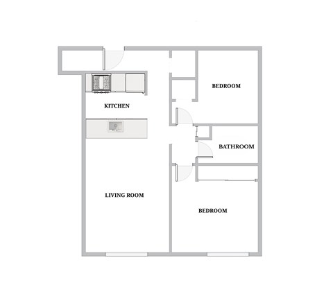 Floor plan for 2 beds, 1 bath, 990 sqft